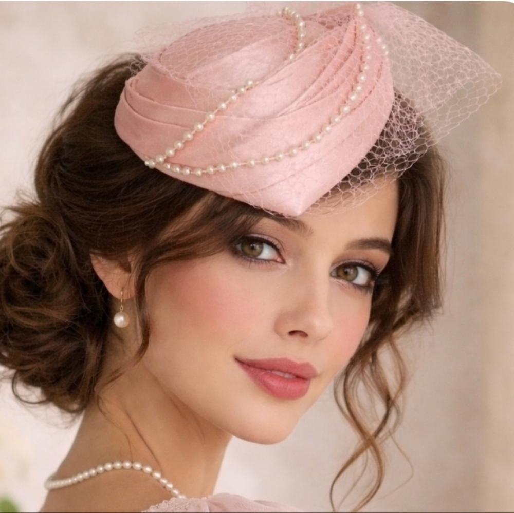 Vintage Lux 1950's Formal Pillbox Satin Hat Pearl Detail - Picture 7 of 9